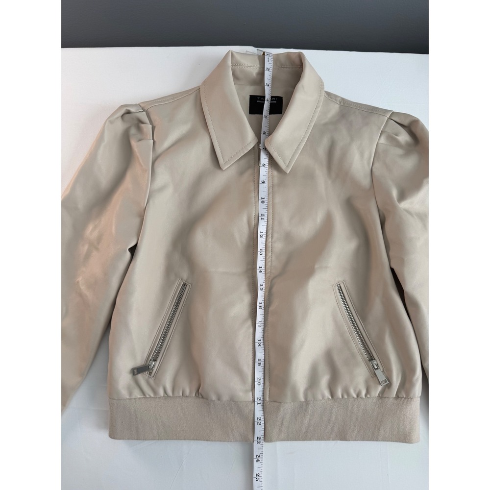 Tahari Faux Leather Jacket Womens Small Beige Puff Sleeve Bomber Moto - Picture 4 of 13